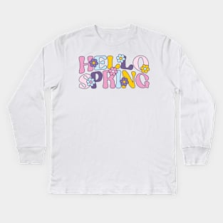 Hello Spring, Retro Flowers Kids Long Sleeve T-Shirt